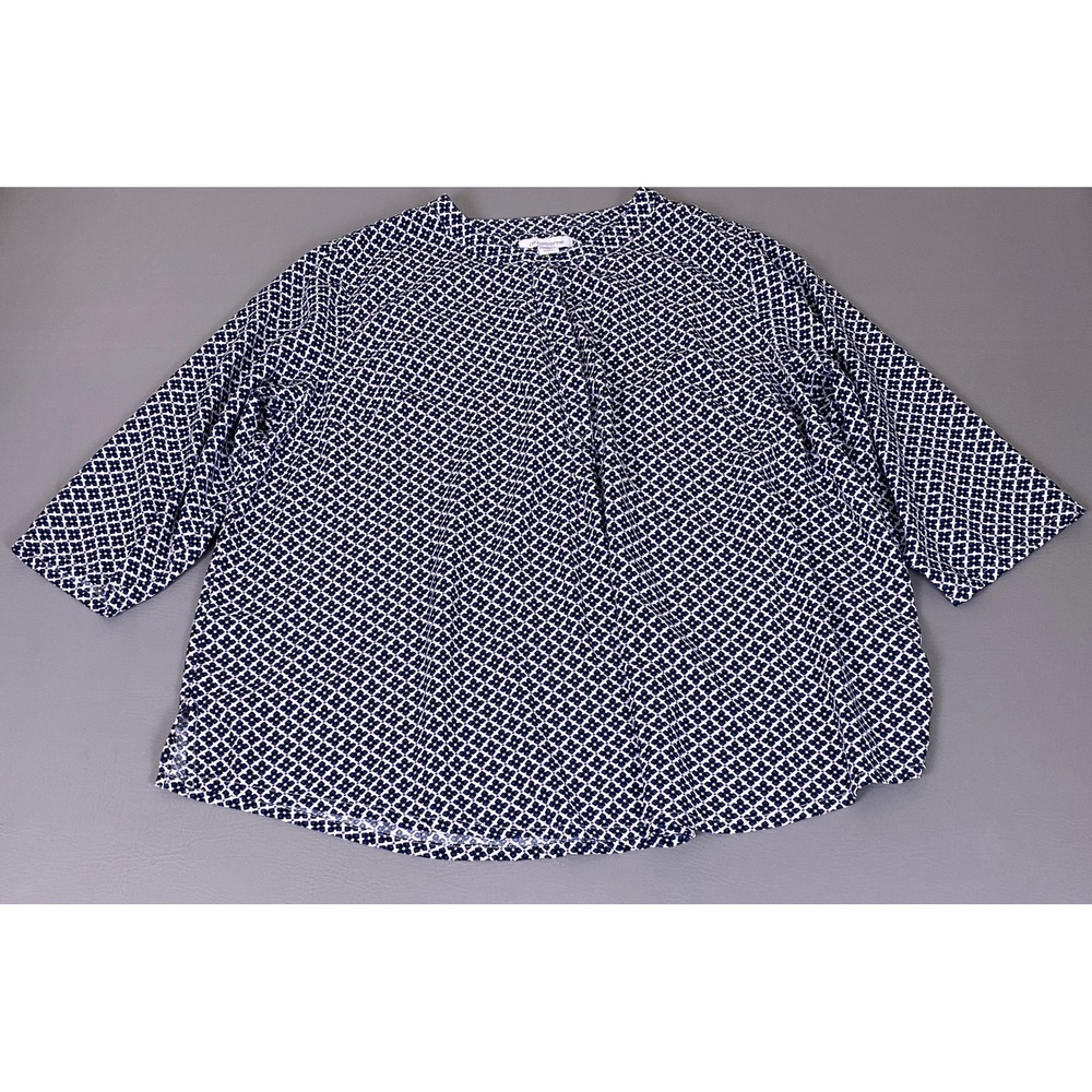 Liz Claiborne Tunic Blouse Top Women's 2X Navy Blue Geometric‎ 3/4 Sleeve Rayon
